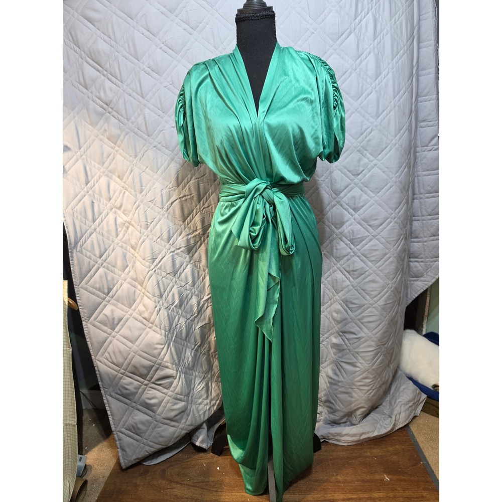 Vintage 70s Emerald Green Satin Maxi Dress Shoulder Pad V-Neck Belted Disco Gown